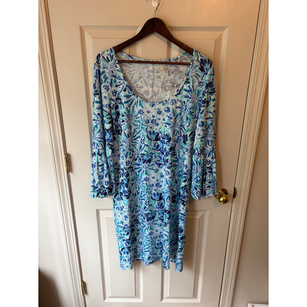 Lilly Pulitzer Shift Dress Womens XL Blue Floral Bell Sleeve Pima Cotton Mini